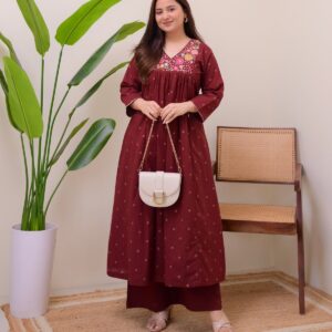 Pure Cotton Fabric kurti or pant ,  less work , full flair ghera Kurti  With Pant & thread embroidery work yog with less work