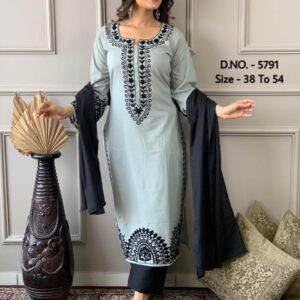 Beautiful Heavy Rayon 14 Kg. Best Quality Fabric - 3 piece Set - Original Allover Hand Aari Embroidery Work, Long Kurti ( Length - 47”) + Cotton Cambric Fabric Pant + Mulmul Fabric Dupatta ( 2.20 Mtr. - Full Width)