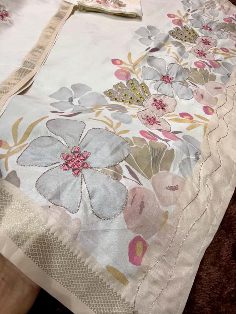 A designer tusser colored printed beauty for your wardrobe with unique Hand mirror work saree - Image 7