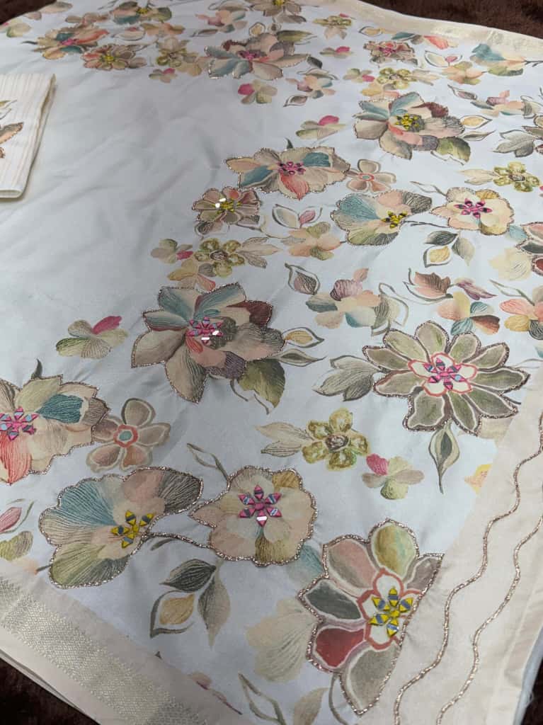 A designer tusser colored printed beauty for your wardrobe with unique Hand mirror work saree - Image 8