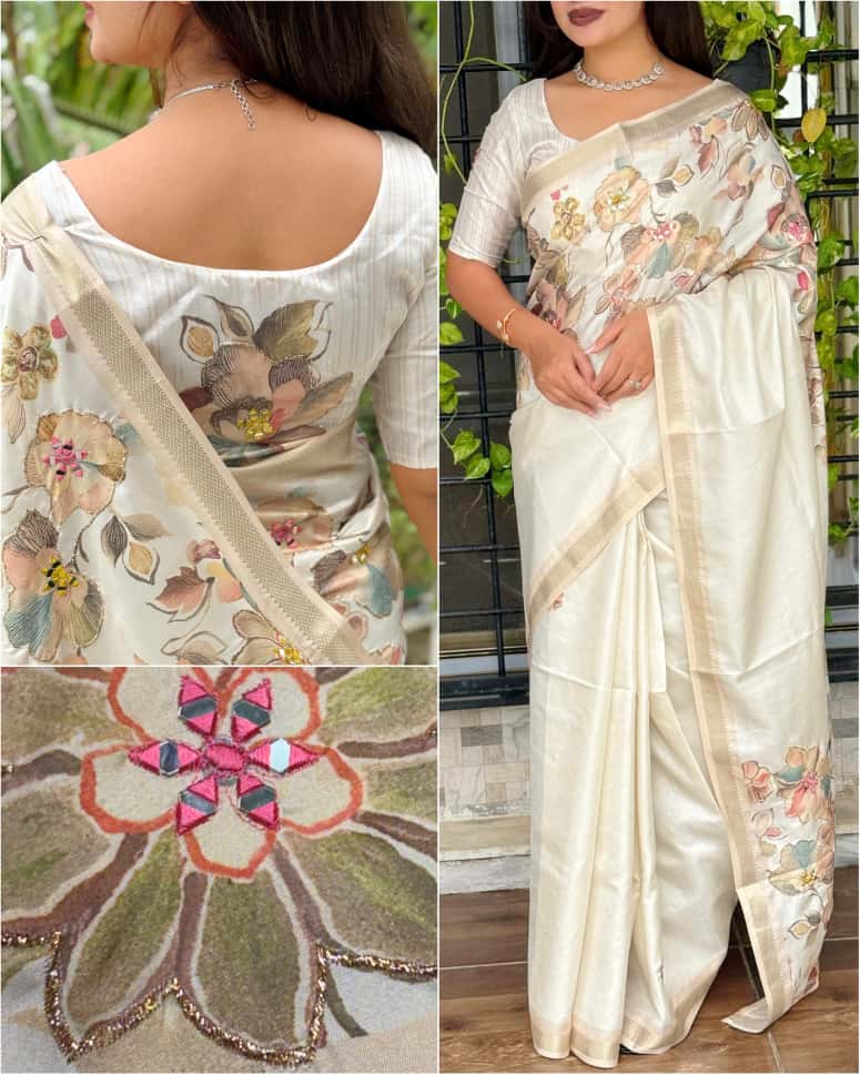 A designer tusser colored printed beauty for your wardrobe with unique Hand mirror work saree - Image 9