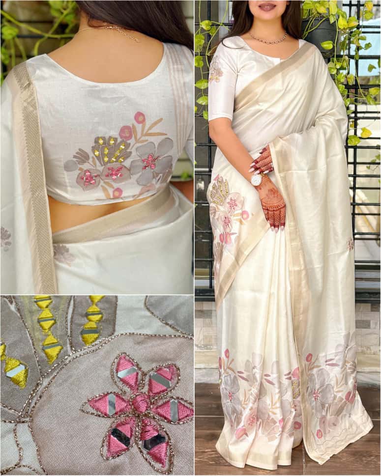 A designer tusser colored printed beauty for your wardrobe with unique Hand mirror work saree - Image 2