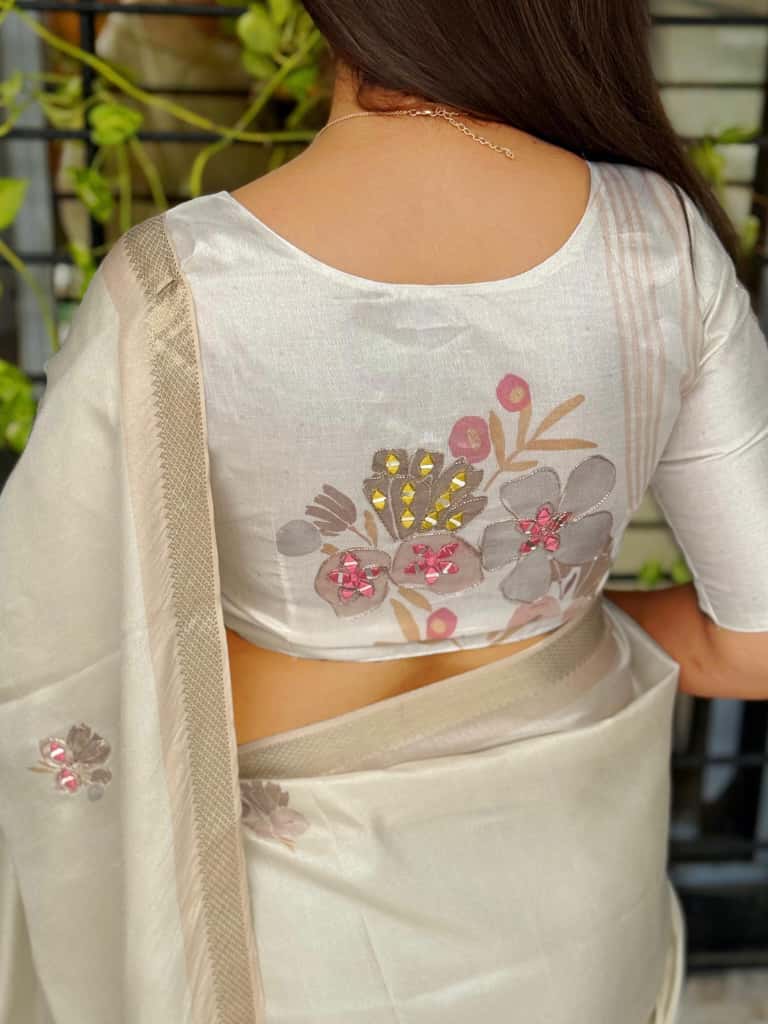 A designer tusser colored printed beauty for your wardrobe with unique Hand mirror work saree - Image 3