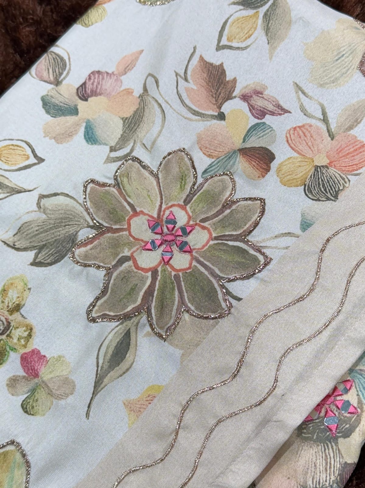 A designer tusser colored printed beauty for your wardrobe with unique Hand mirror work saree - Image 5