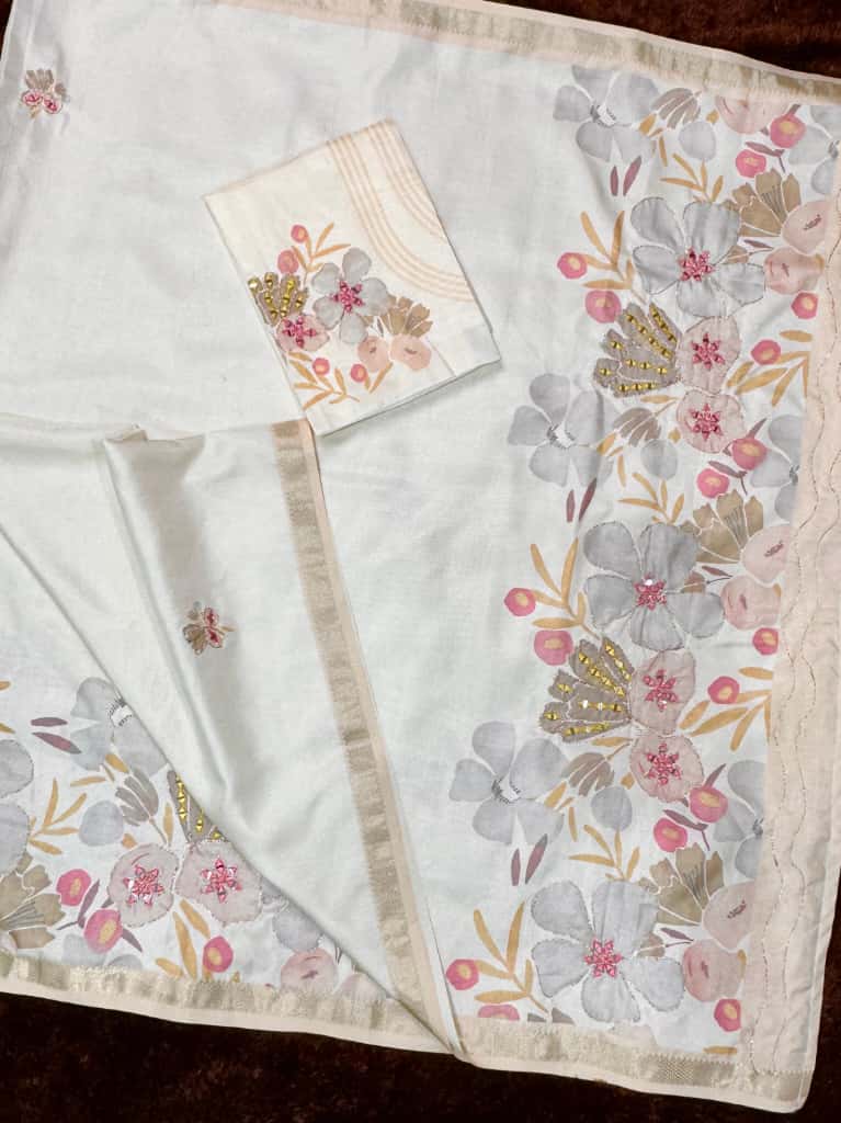 A designer tusser colored printed beauty for your wardrobe with unique Hand mirror work saree - Image 6